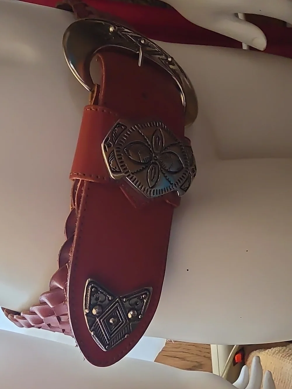 Woven Leather Western-Style Women's Belt in Maroon with Silver Buckle Accents